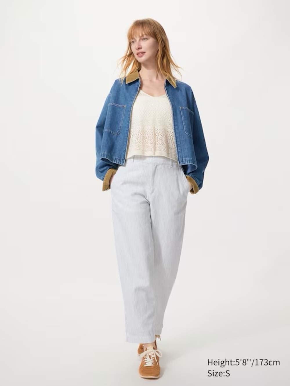 EUC UNIQLO Linen Cotton Tapered Pants Striped White & Blue Stripes M Trousers